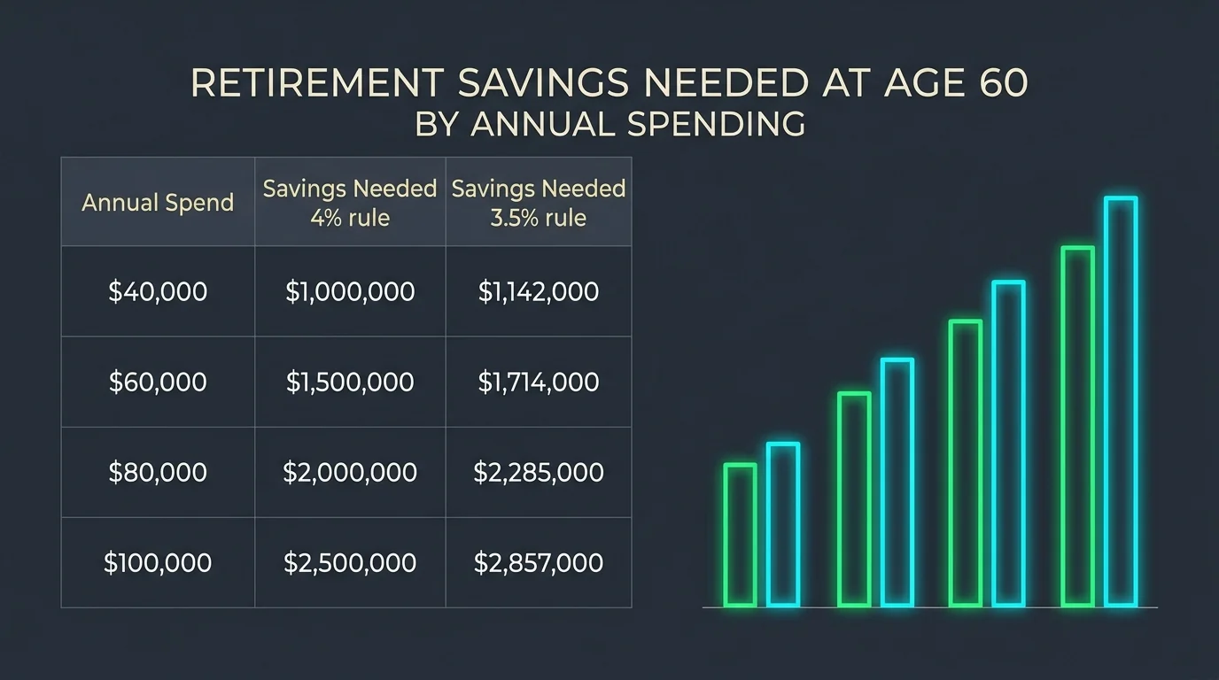 Retirement savings needed at age 60 by annual spending chart comparison