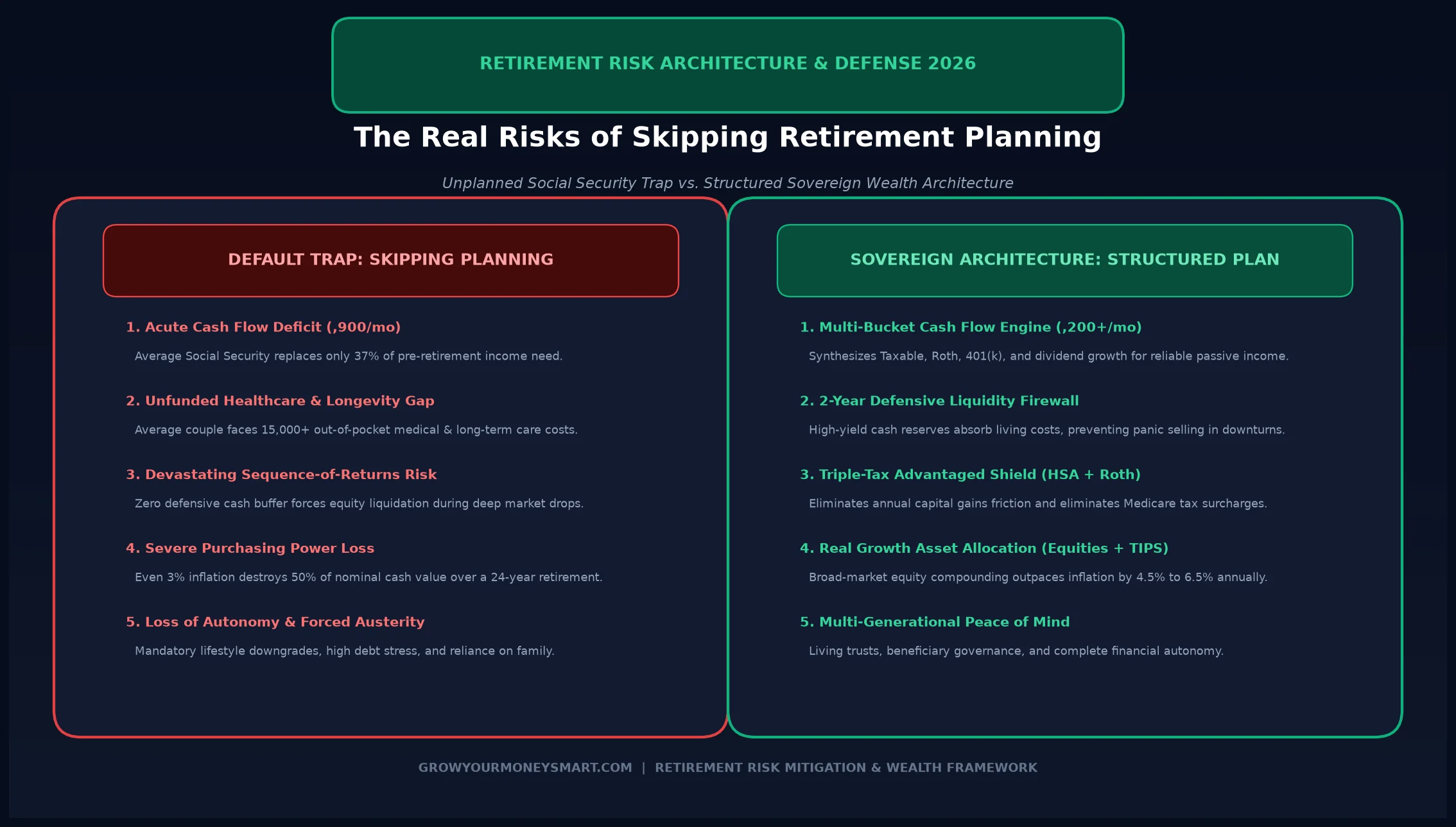 Risks of skipping retirement planning infographic comparing unplanned Social Security default trap with structured sovereign wealth plan