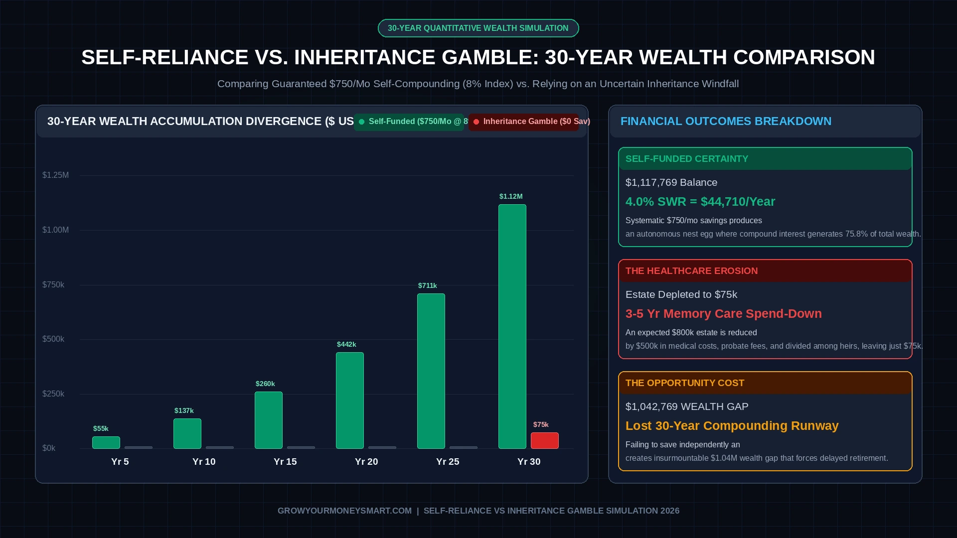 30-year financial compounding chart comparing self-funded retirement investing ($750 per month at 8 percent) against an uncertain inheritance gamble resulting in a $1.04M wealth gap.