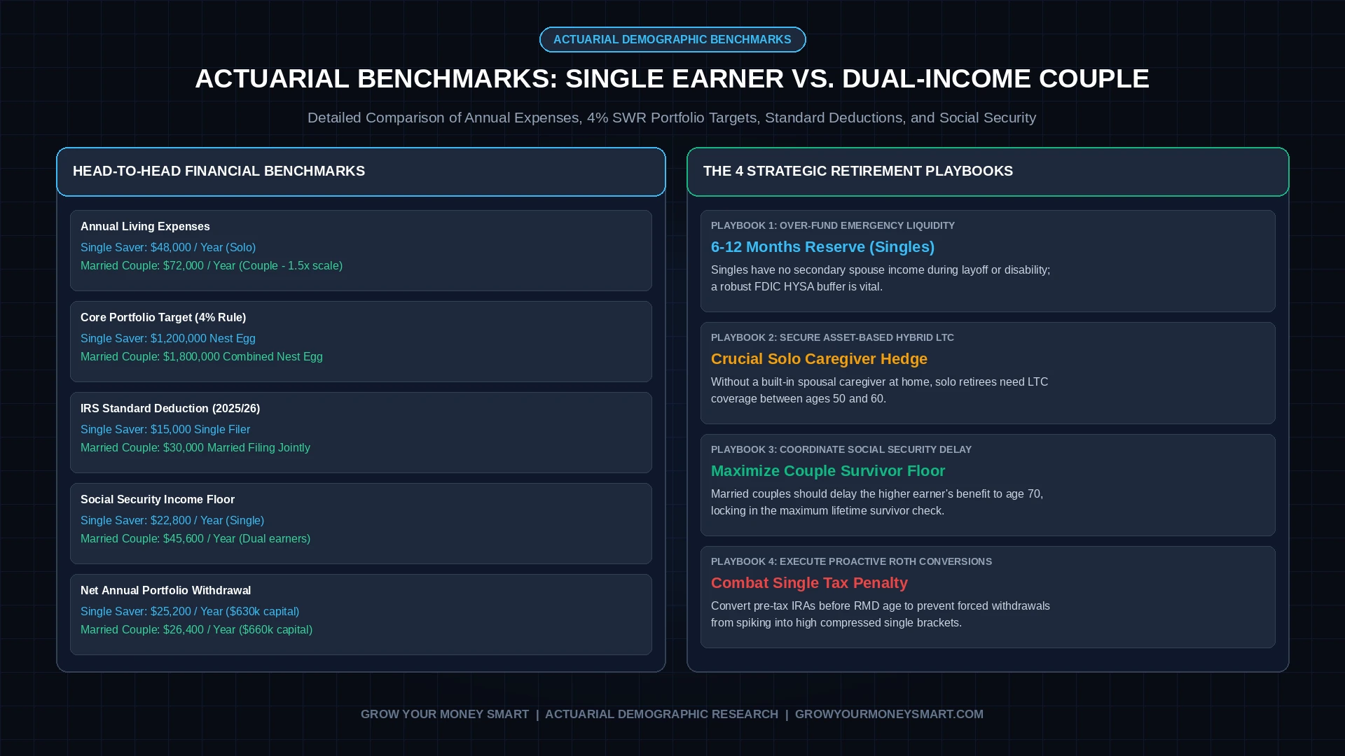 Single earner vs married couple retirement financial benchmarks chart comparing annual expenses, 4% rule targets, and tax deductions
