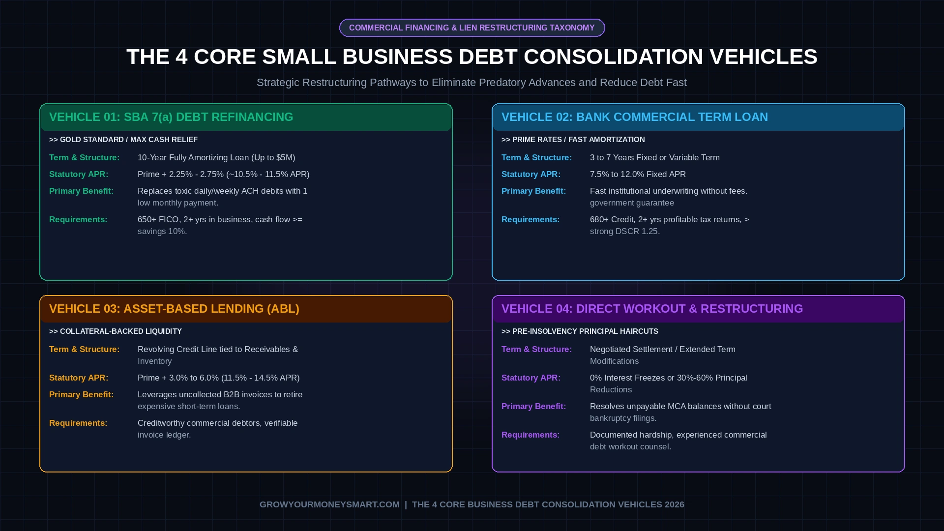 Framework diagram showing the four core commercial debt consolidation vehicles: SBA 7a, Bank Term Loans, Asset-Based Lending, and Workout Restructuring