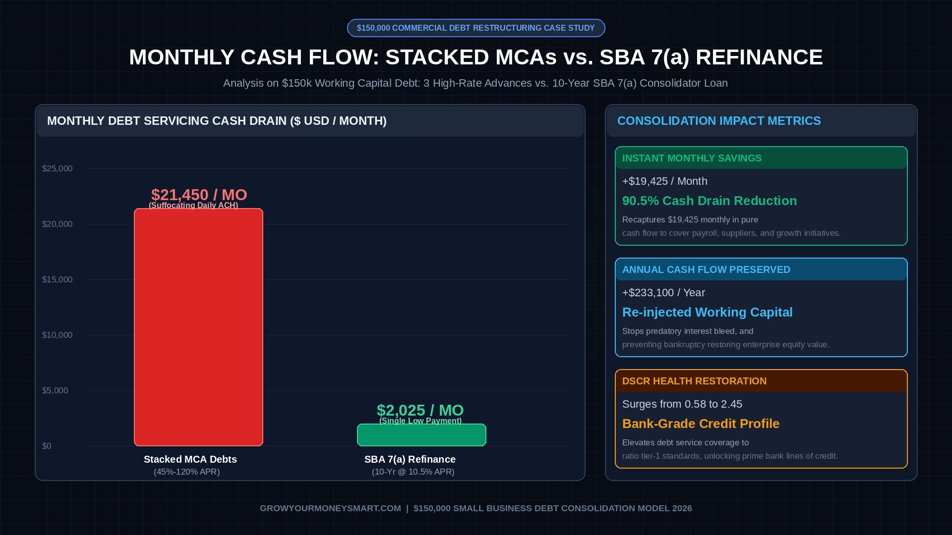 Visual financial chart illustrating $19,425 monthly cash flow savings after consolidating $150,000 in commercial debt via SBA 7a loan