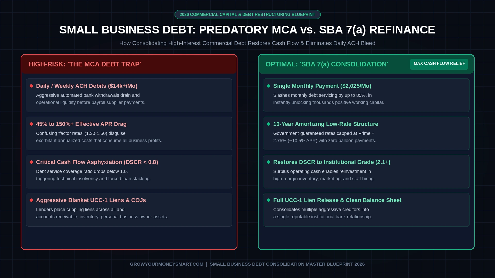 Infographic comparing high-interest predatory Merchant Cash Advance debt stacking with low-rate SBA 7a commercial debt consolidation