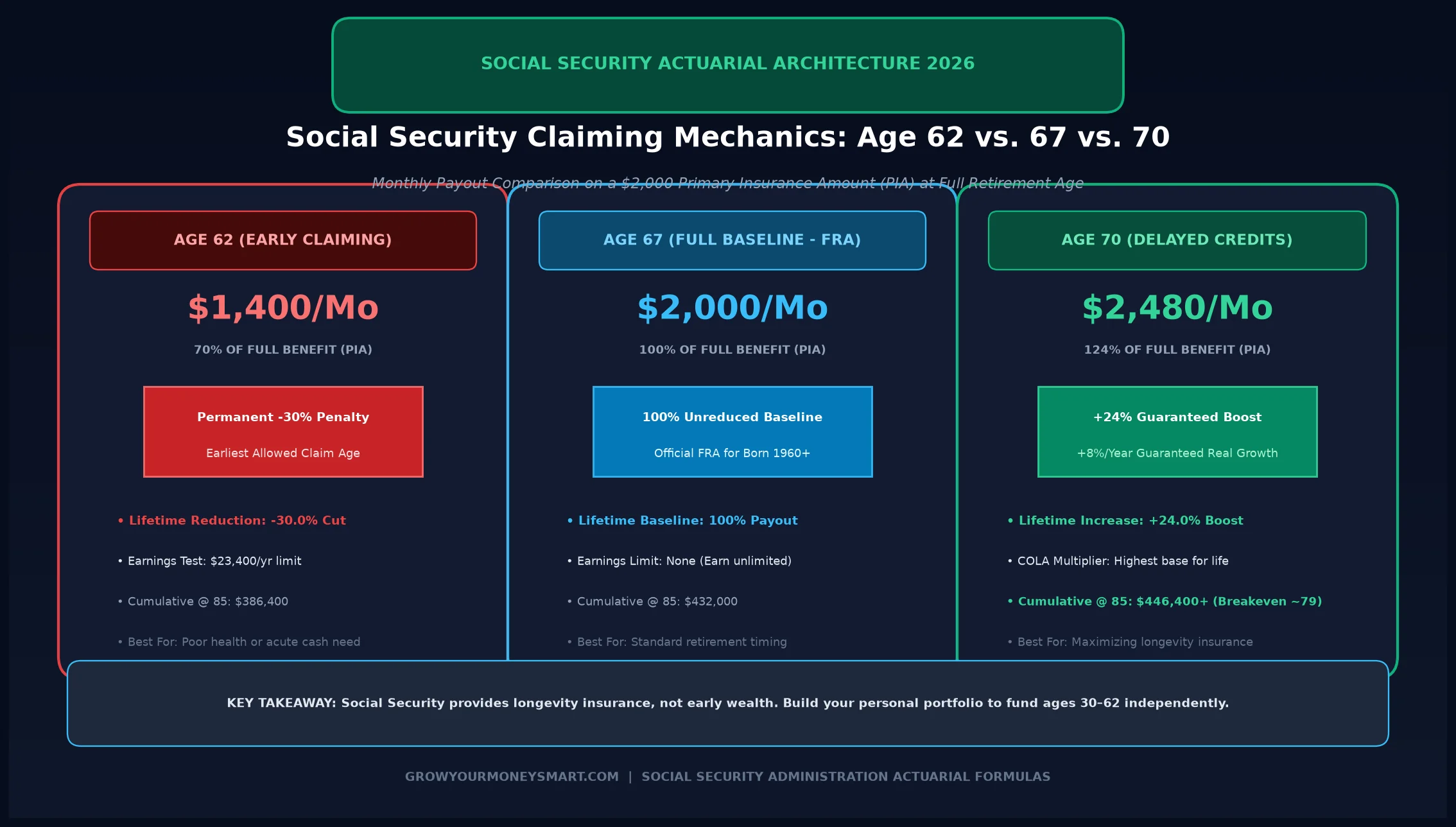 Social Security claiming age infographic comparing 62 early reduction versus 67 full retirement age and 70 delayed retirement credits