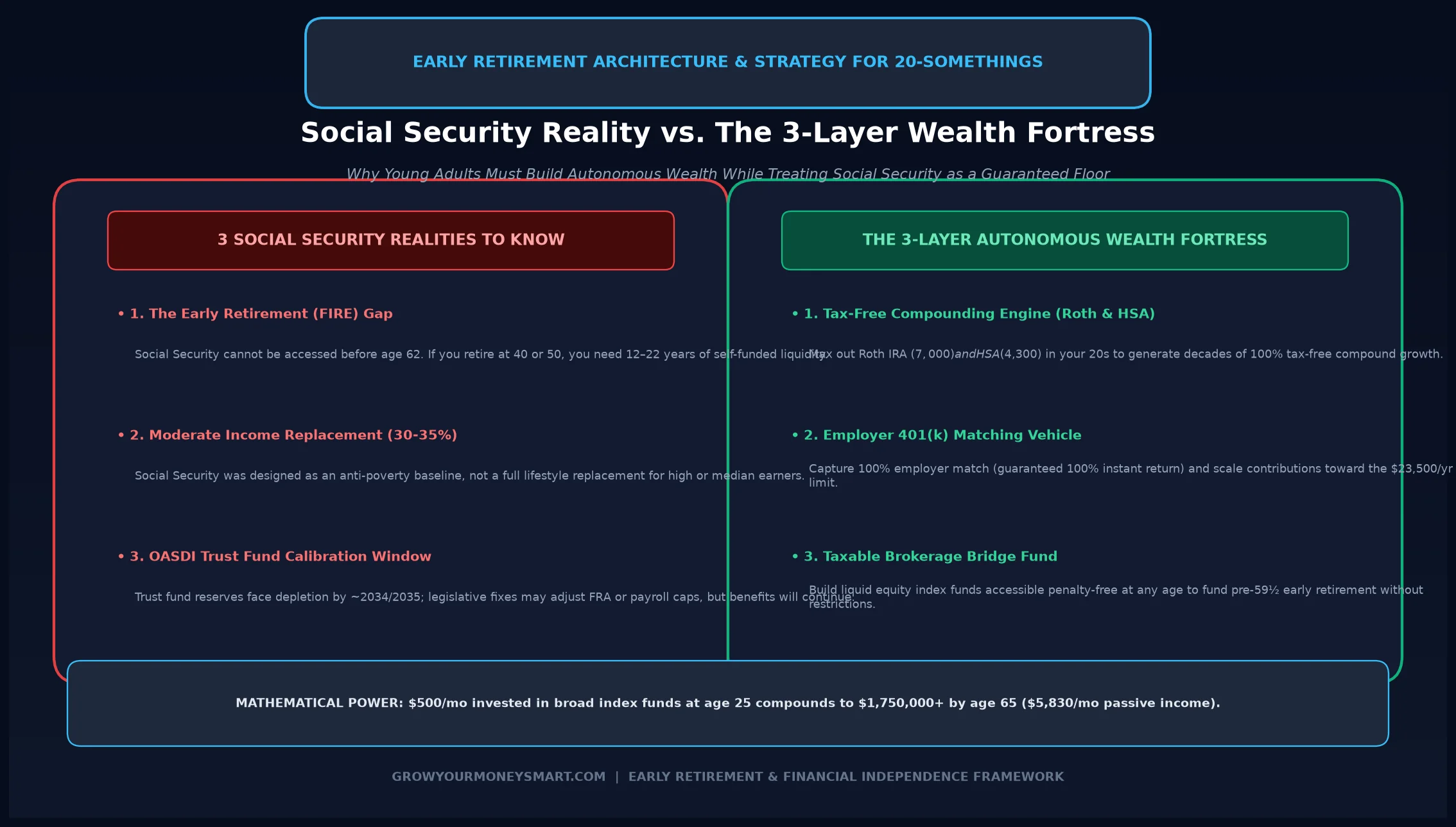 Social Security early retirement wealth blueprint infographic showing the 3-layer wealth fortress for 20-somethings