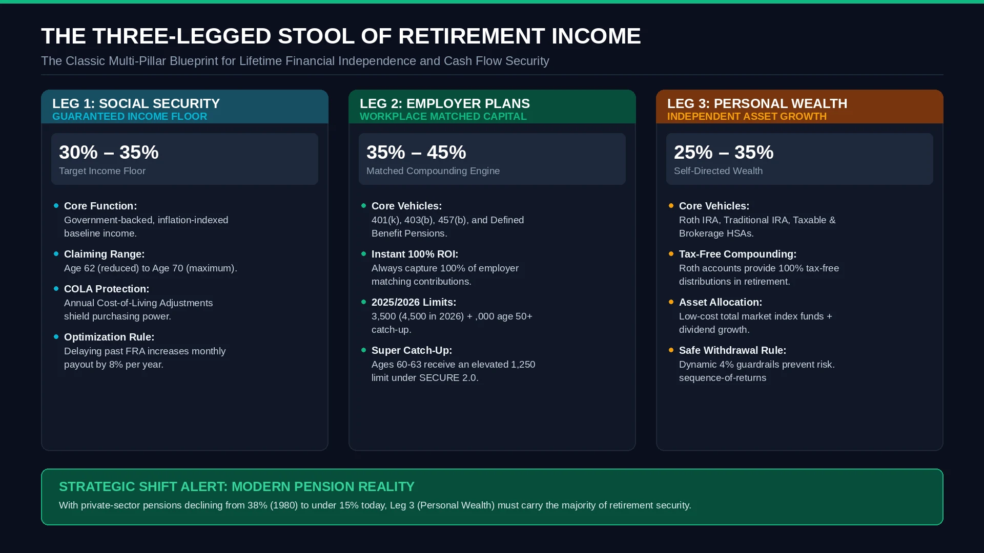 The Three-Legged Stool of Retirement Income Infographic illustrating Social Security floor, Employer 401k plans, and Personal Roth savings
