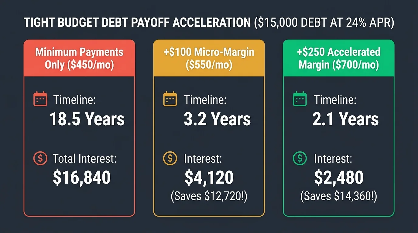 Financial simulation chart comparing minimum debt payments of 18.5 years vs 100 dollar micro margin payoff in 3.2 years and 250 dollar margin in 2.1 years