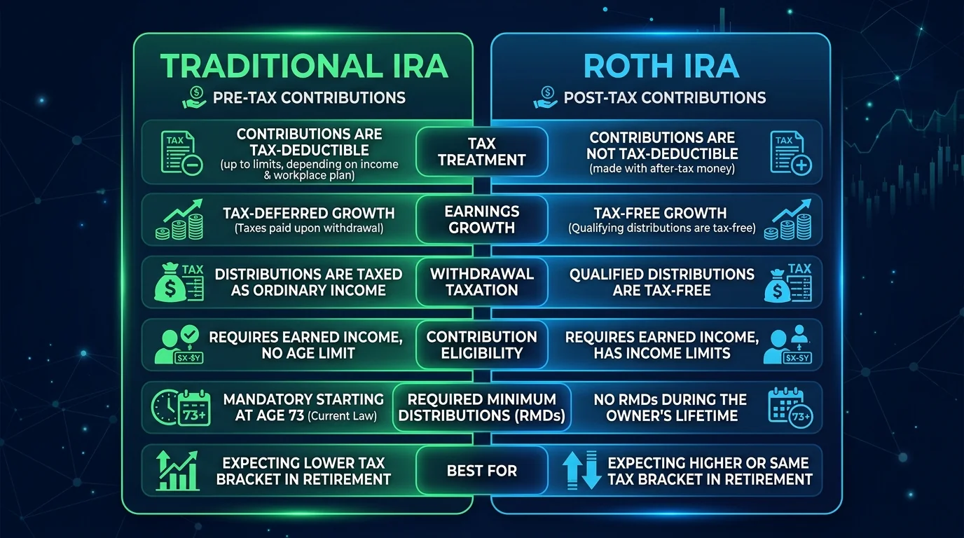 Traditional IRA vs Roth IRA comparison chart explaining tax treatment, contribution limits, and withdrawal rules