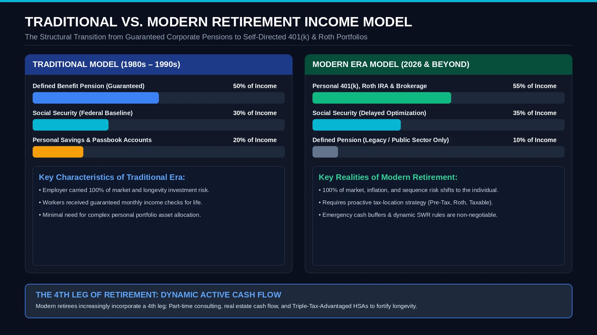 Comparison chart illustrating the structural evolution from 1980s defined benefit pensions to modern 2026 self-funded 401k and Roth portfolios