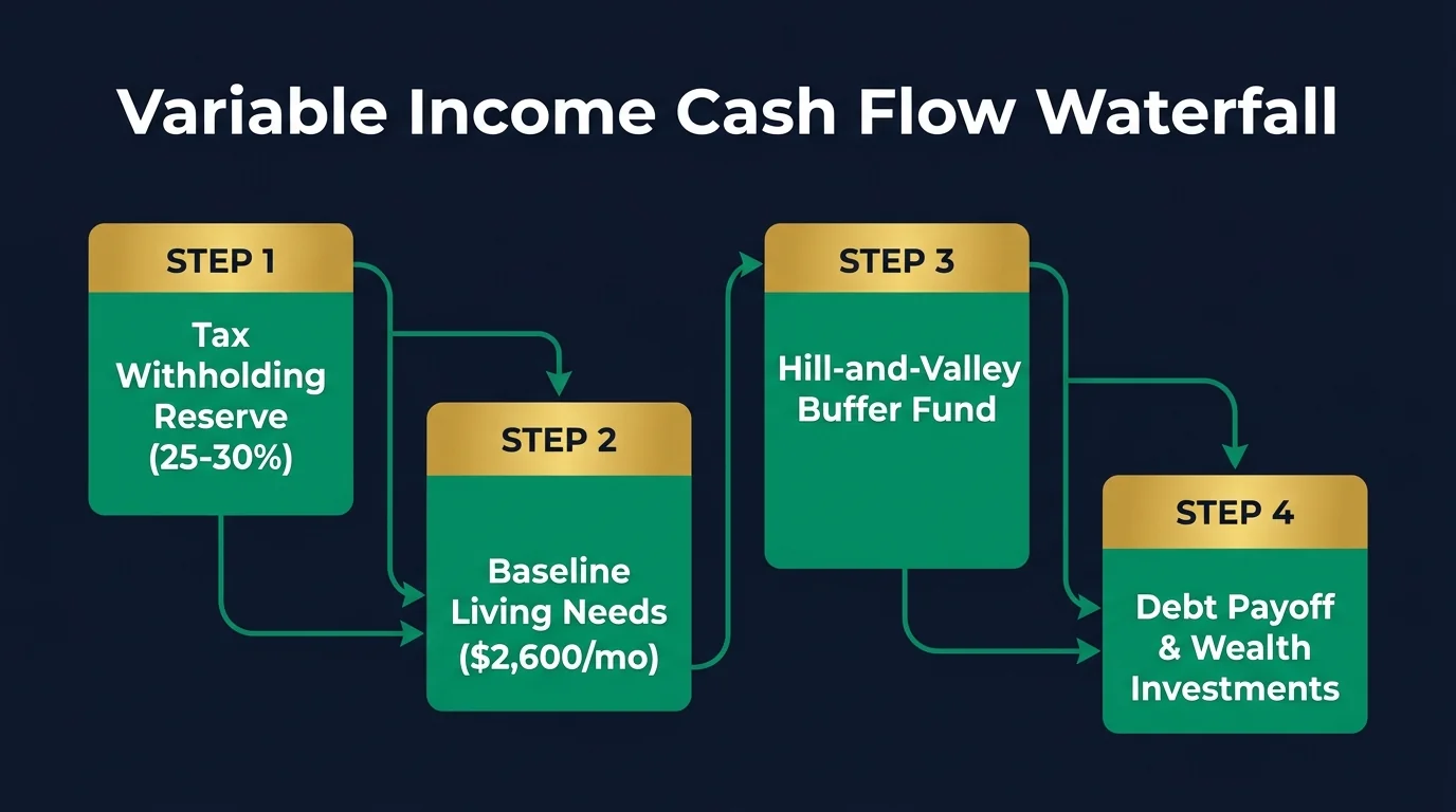 Irregular income cash flow smoothing and priority waterfall chart comparing lean, peak, and average months