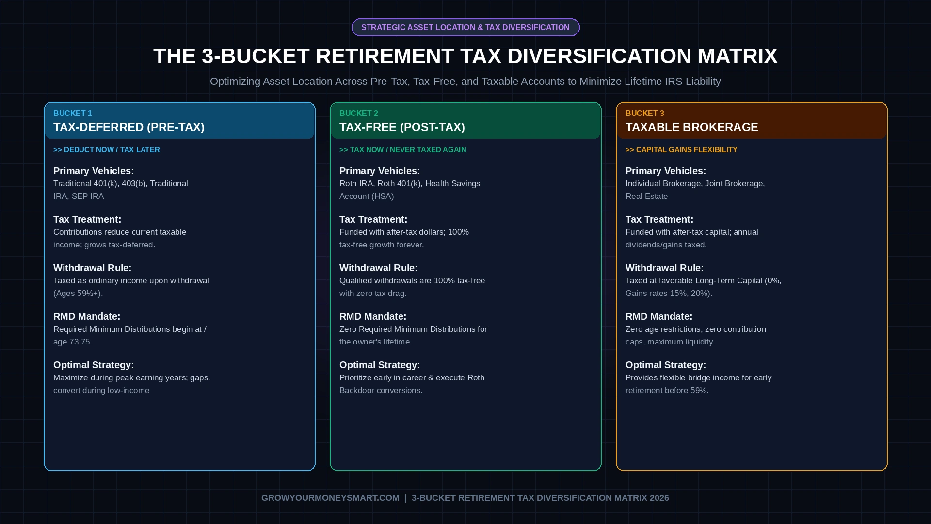Strategic diagram comparing the 3 retirement tax buckets: Tax-Deferred Traditional, Tax-Free Roth, and Taxable Brokerage Accounts