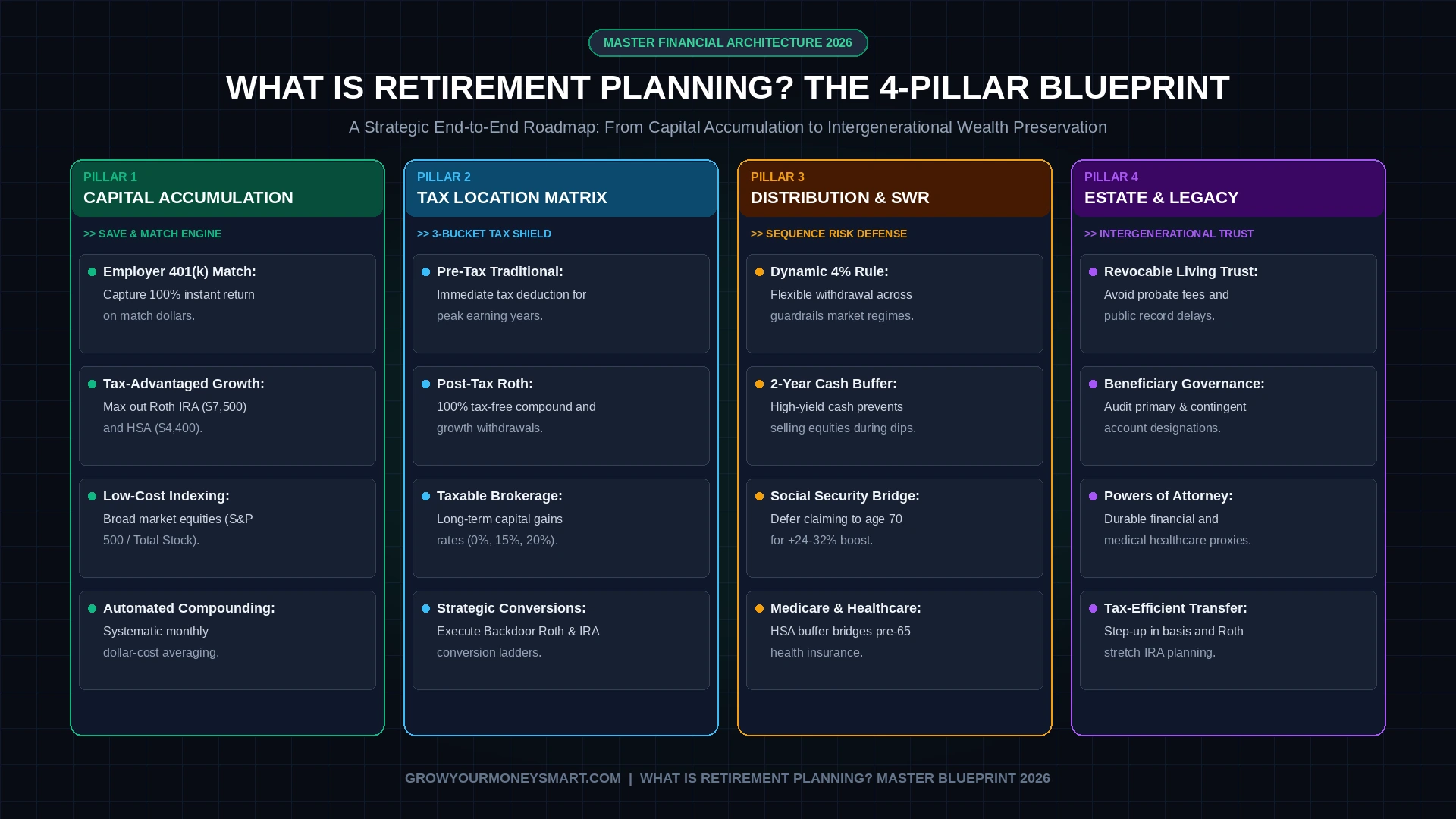 Infographic detailing what is retirement planning across 4 pillars: capital accumulation, tax location diversification, distribution guardrails, and estate legacy