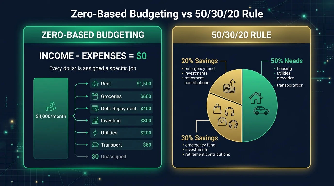 Comparison infographic illustrating Zero-Based Budgeting with Income minus Expenses equals Zero versus the 50 30 20 rule percentage buckets