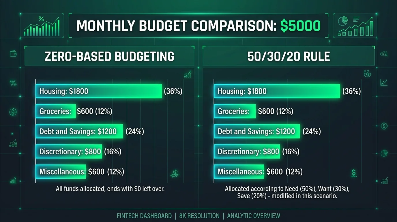 Data chart comparing line-item dollar allocations for a $5,000 monthly income between Zero-Based Budgeting and 50 30 20 budget categories