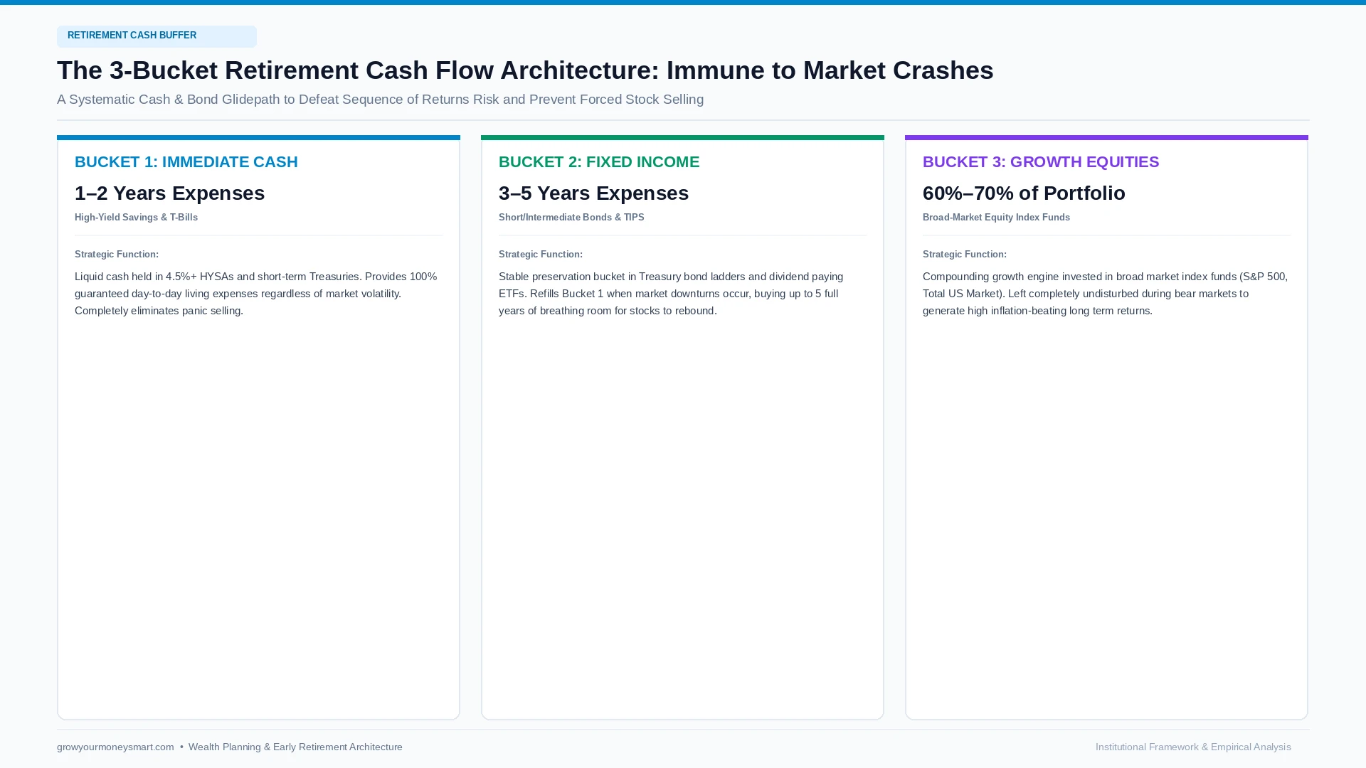 Sequence of returns risk 3 bucket strategy showing cash buffer bond tent and growth equities