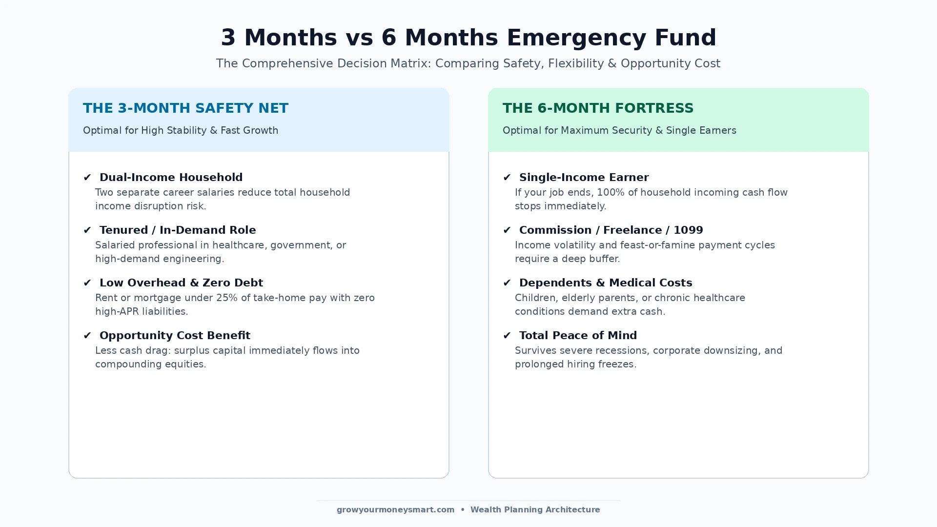 Decision matrix comparing 3 months versus 6 months of emergency savings across dual income single income and career volatility