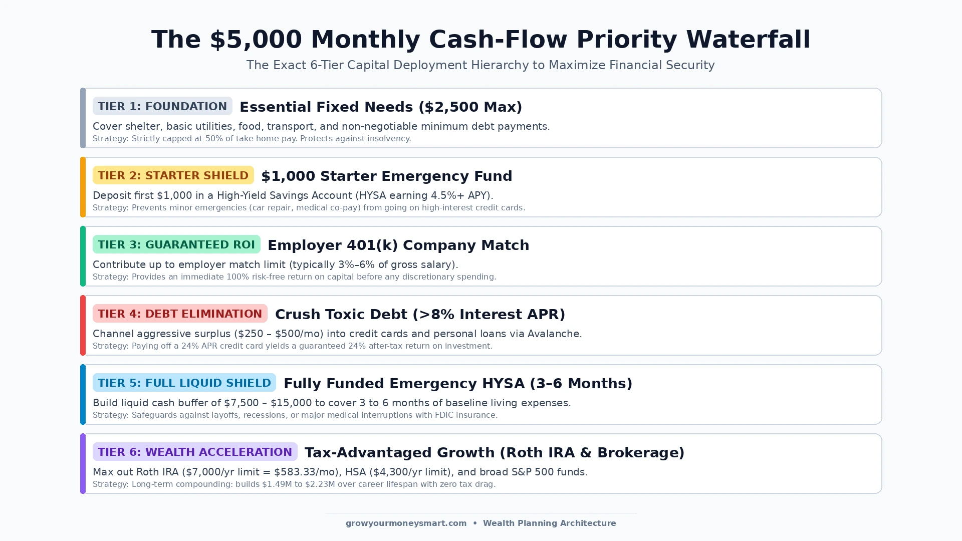 Six-tier cash flow priority waterfall diagram for a $5000 monthly salary from essential living costs to starter emergency fund, 401k match, toxic debt elimination, and Roth IRA investing