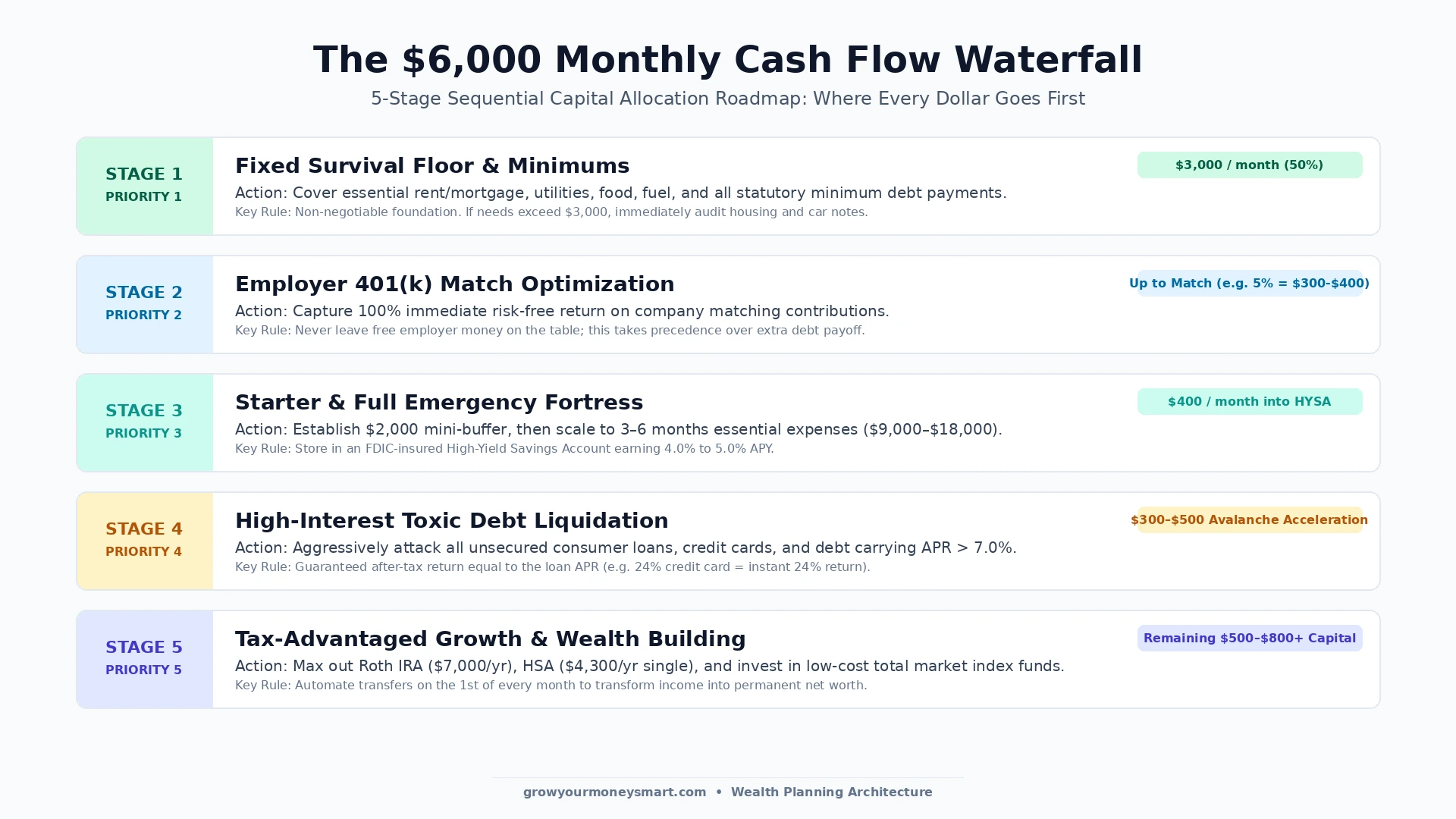 Five-stage cash flow waterfall diagram for budgeting a $6000 monthly income from survival floor to 401k match, emergency fund, high-interest debt payoff, and Roth IRA investing