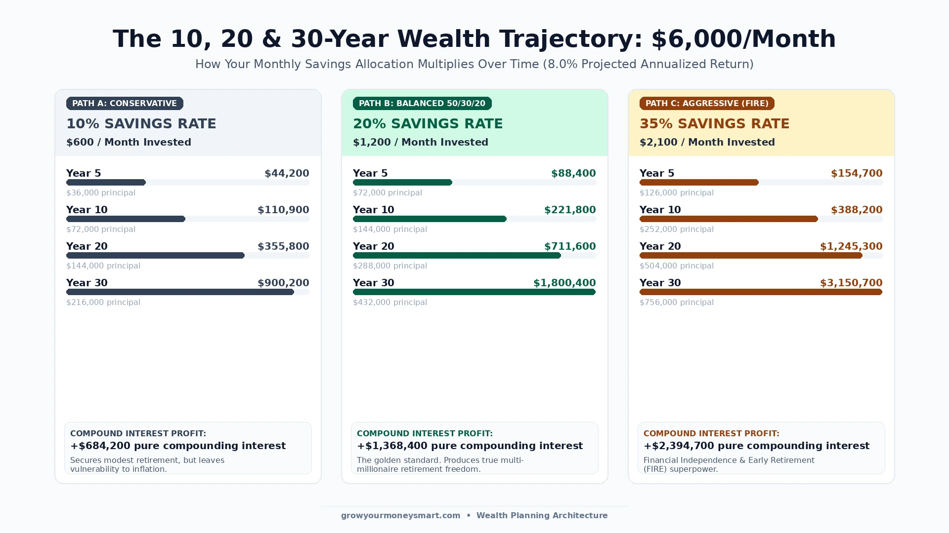 Wealth compounding chart for $6000 monthly income comparing 10%, 20%, and 35% savings rates over 10, 20, and 30 years at 8% return
