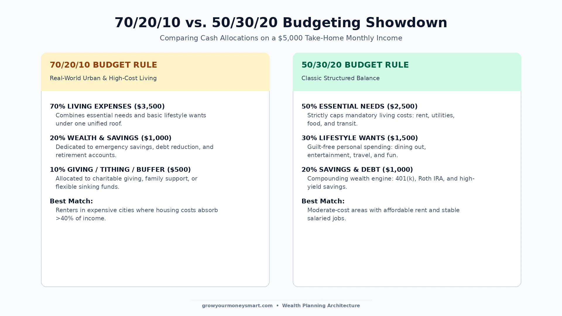 Comparison chart showing the 70 20 10 budget rule versus the 50 30 20 budget rule across living expenses savings and giving