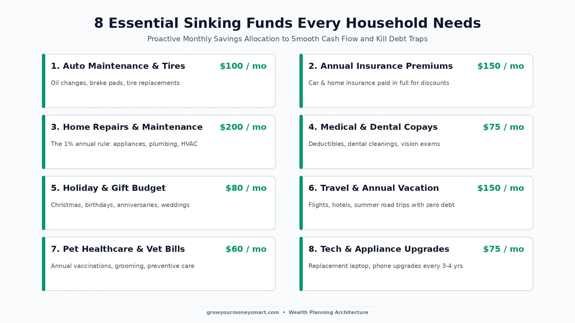 Grid diagram showing eight essential sinking funds including car maintenance, annual insurance, home repairs, and travel