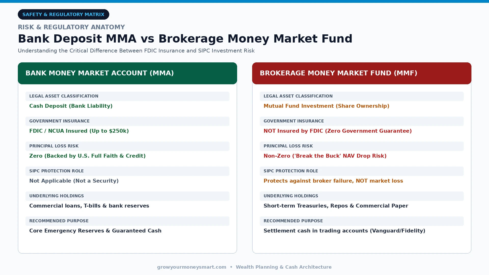 Safety and regulatory infographic showing FDIC bank deposit insurance versus SIPC brokerage money market mutual fund investment risk.