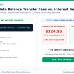 Mathematical formula diagram to calculate balance transfer fees versus cumulative credit card interest saved with break-even timeline