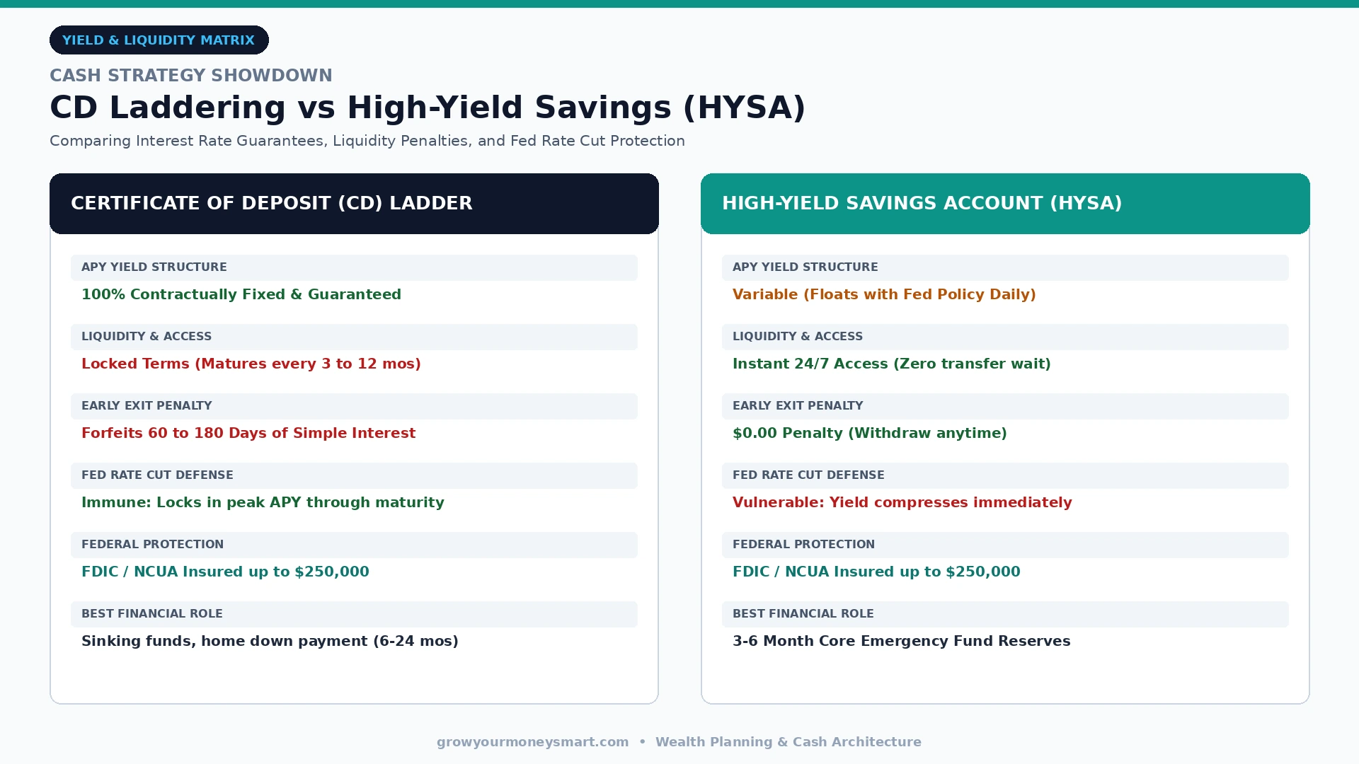 Comparison matrix of CD laddering vs high-yield savings accounts showing APY yield structure, liquidity access, and early exit penalties.