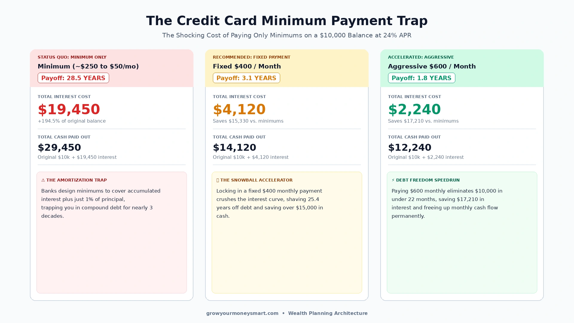 Timeline comparison chart illustrating the credit card minimum payment trap paying only minimums versus accelerated fixed payments on a 10000 balance