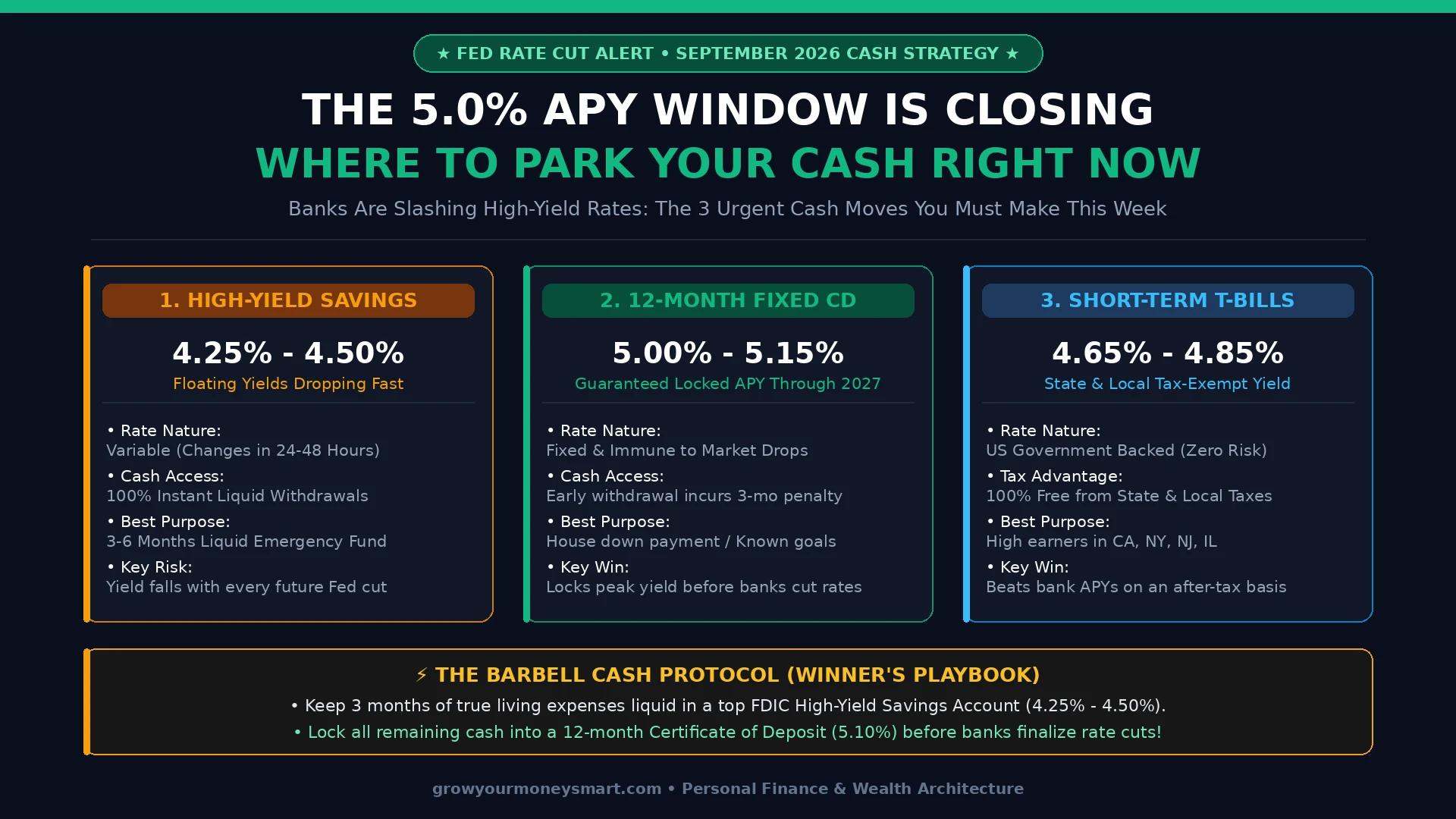 Infographic comparing high-yield savings accounts, fixed certificates of deposit, and Treasury bills following the Federal Reserve interest rate cut