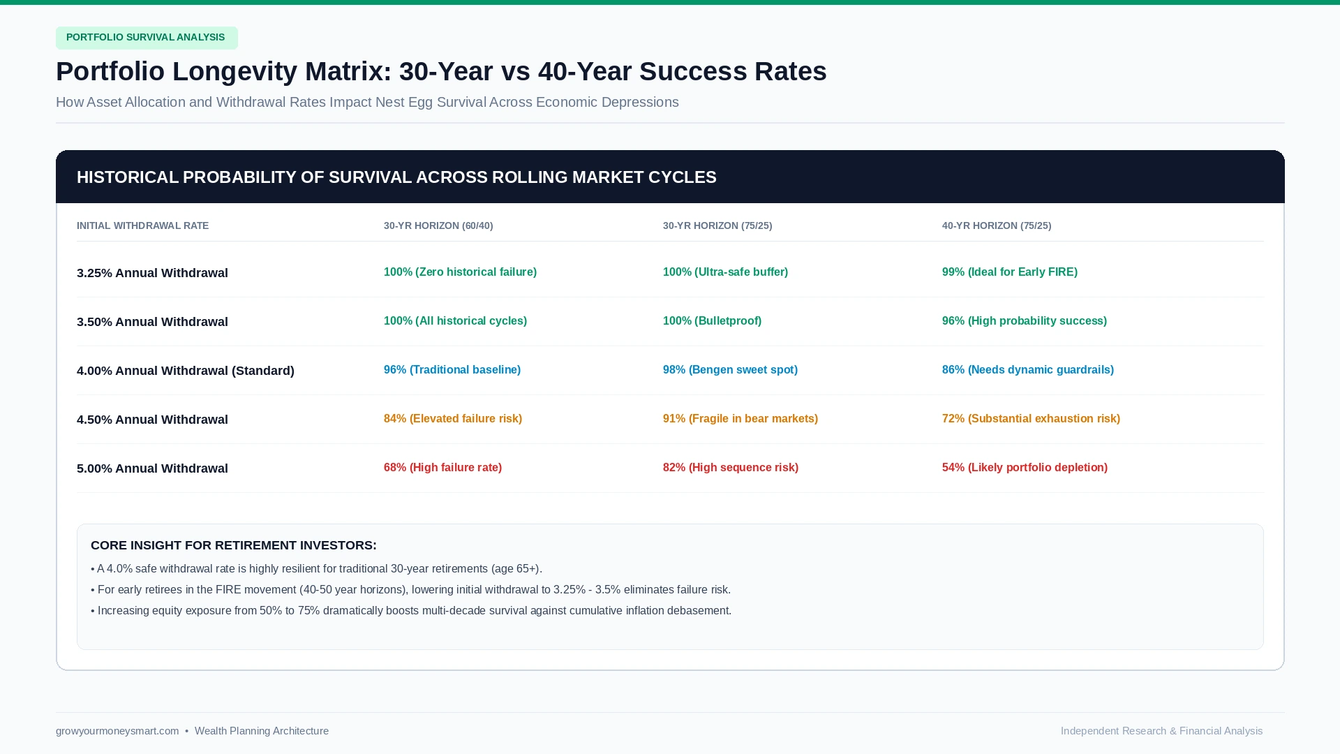 The 4% Rule portfolio survival matrix comparing 30 year and 40 year retirement success rates