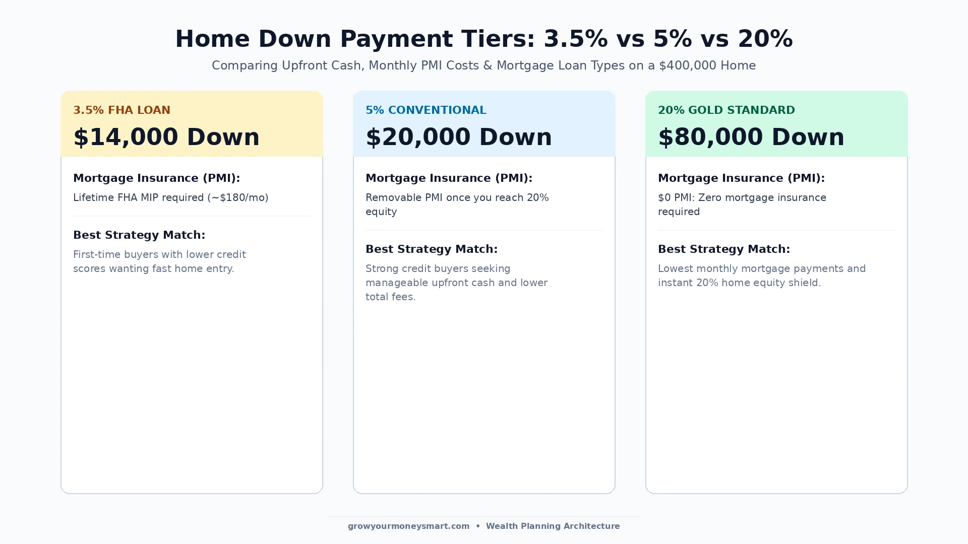 Comparison chart showing 3.5 percent FHA loan, 5 percent conventional loan, and 20 percent down payment requirements on a home