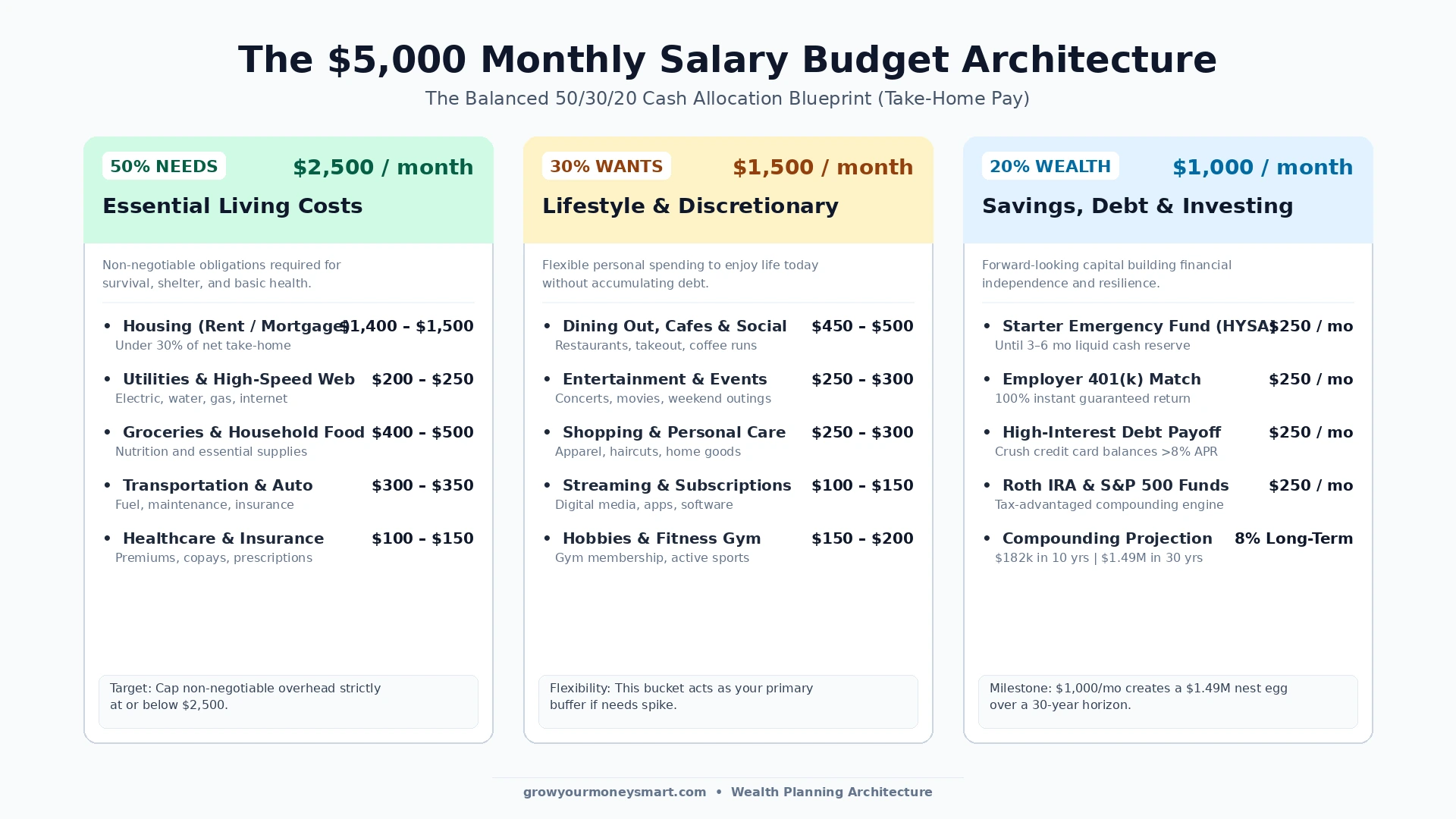 Visual architecture diagram showing how to budget a $5000 monthly salary using the 50/30/20 framework with $2,500 needs, $1,500 wants, and $1,000 savings
