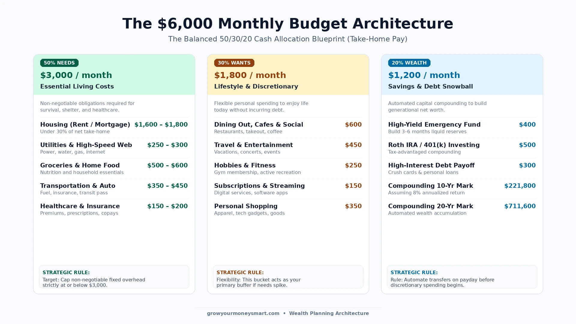 Visual architecture diagram showing how to budget a $6000 monthly income using the 50/30/20 framework with $3,000 needs, $1,800 wants, and $1,200 savings