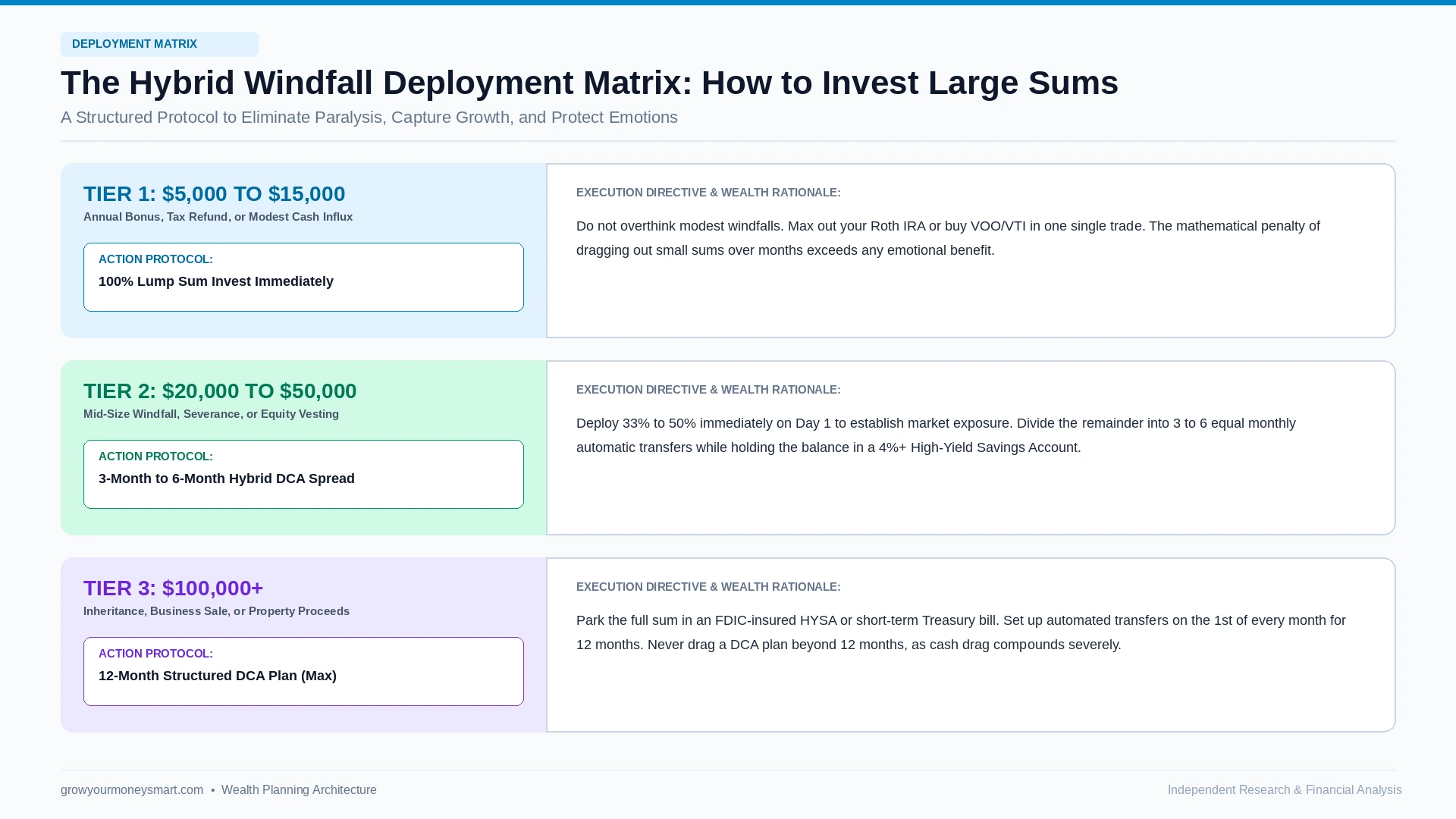 Decision matrix for investing large windfalls using lump sum versus dollar cost averaging protocols