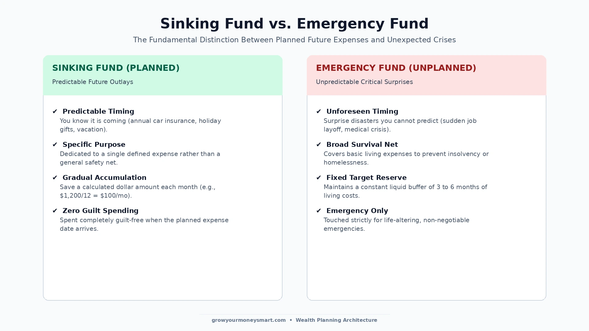 Comparison chart illustrating the difference between a sinking fund for planned future expenses and an emergency fund for unexpected crises