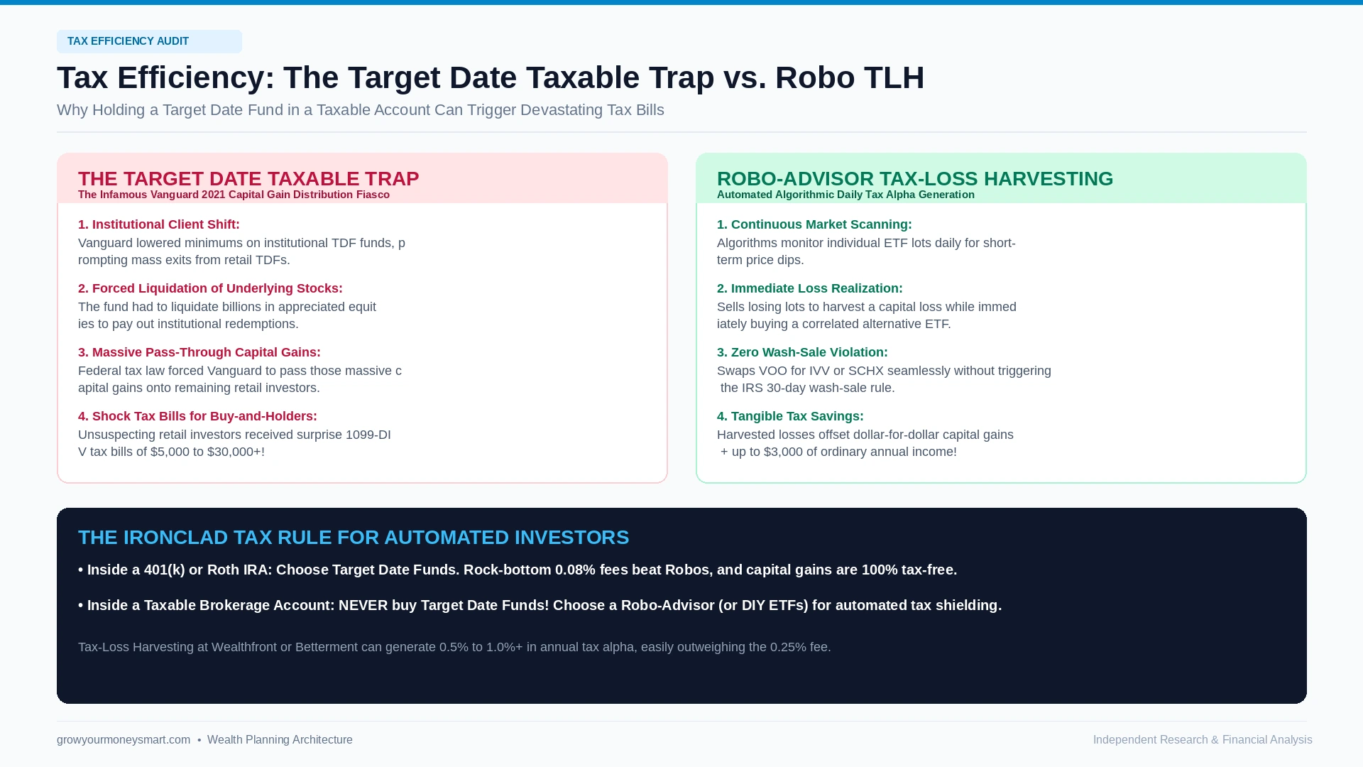 Target date fund tax trap versus robo advisor tax loss harvesting diagram explaining taxable account rules