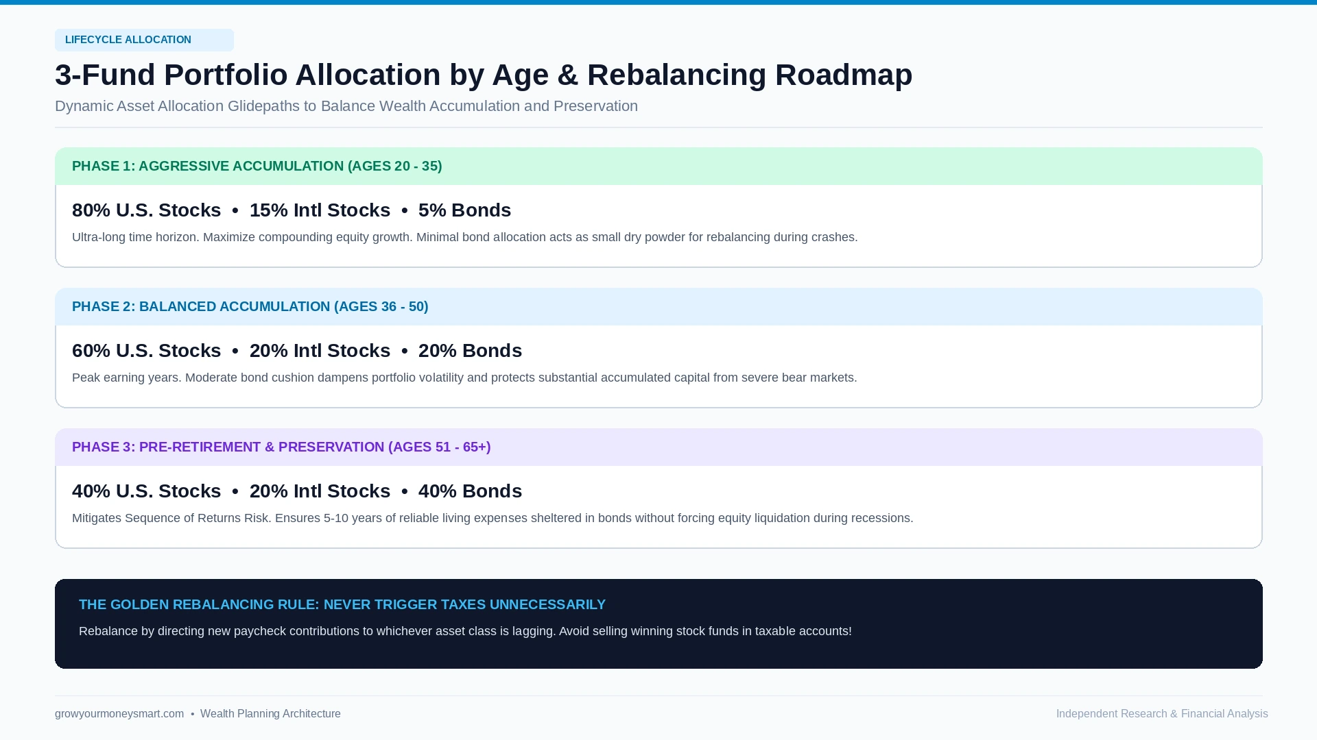 Three fund portfolio asset allocation by age chart showing stock and bond percentages for different life stages