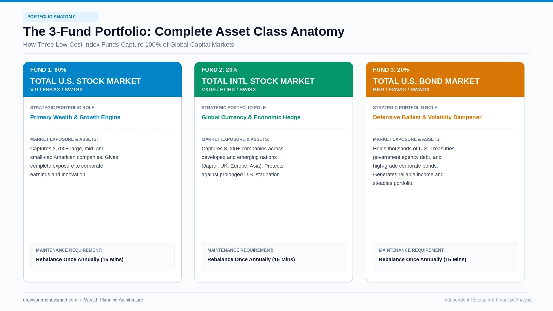 The three fund portfolio bogleheads architecture blueprint showing US stock, international stock, and bond allocation