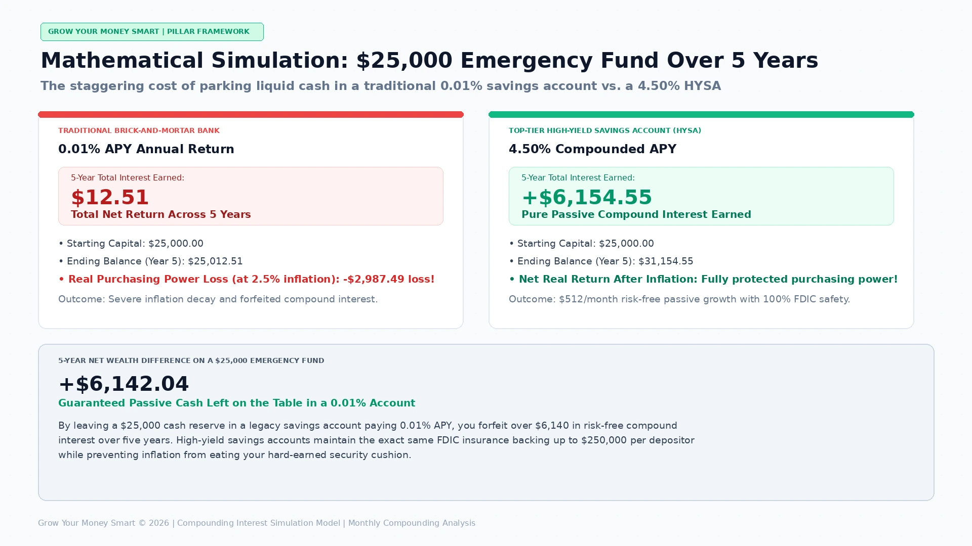 Comparison chart comparing $25,000 savings compounding at 0.01% in a traditional bank versus 4.50% in a high-yield savings account over 5 years